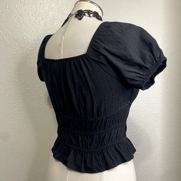 Gothic Whimsigoth VIctorian Milkmaid Ruched Puff Sleeve Cropped Blouse - Picture 4 of 14